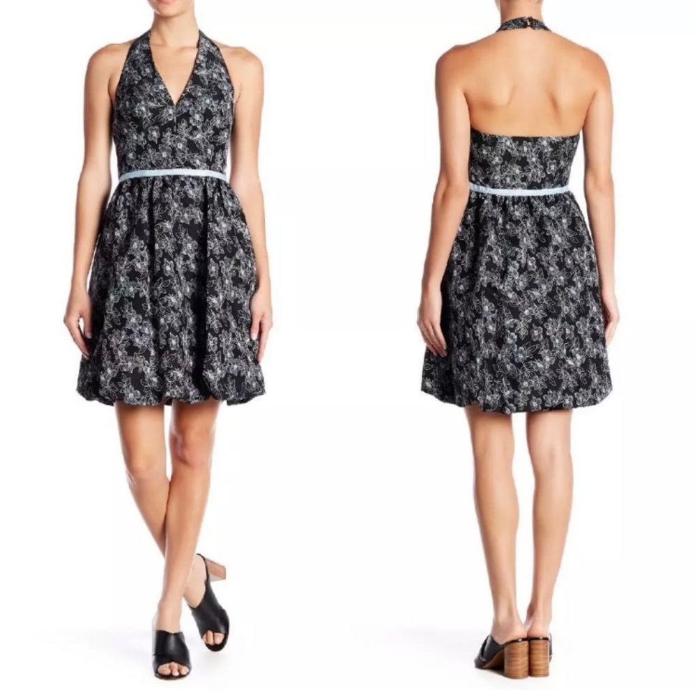 Maggy London Black and Blue Floral Halter Bubble Hem Dress